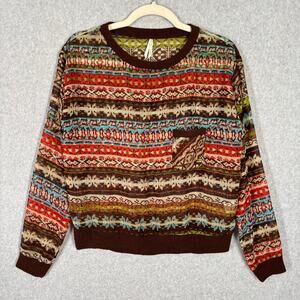Cotton Candy Top Womens Small Blouse Knit Trim Aztec Southwestern Fair Isle Boho